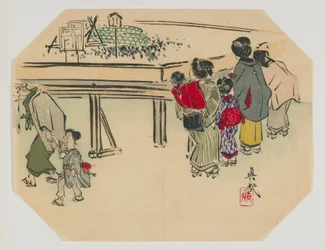 Tryck för en uchiwa, kvinnor och barn, Meiji-eran, slutet av 1800-talet (träsnitt i färg)